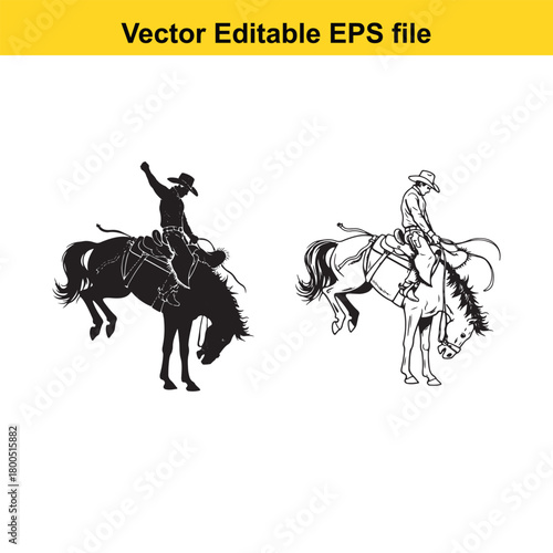 Silhouette and line art of a cowboy riding a bucking horse, isolated on