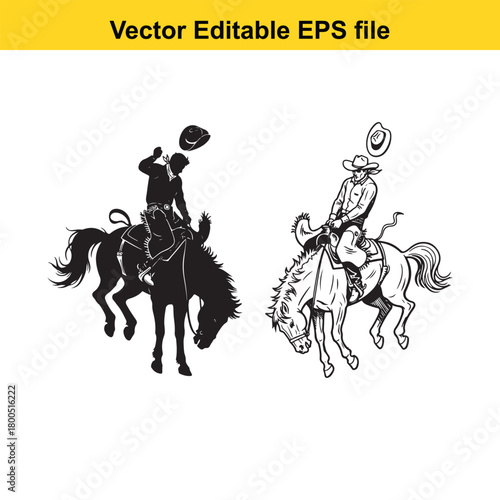 Silhouette and line art of a cowboy tipping his hat while riding a bucking horse, vector illustration