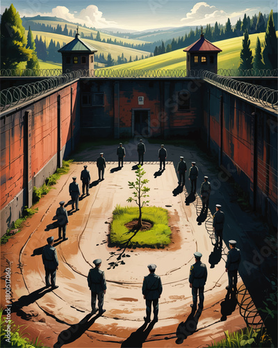 Hopeful tree in prison yard surrounded by guards, surreal landscape mixing incarceration and freedom, concept art illustration