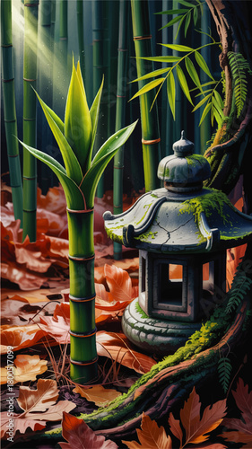 Serene bamboo forest with stone lantern, autumn leaves and sun rays – tranquil Asian garden illustration background