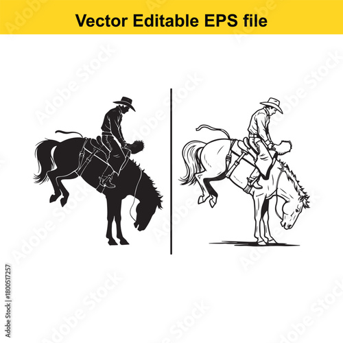 Silhouette and line art of a cowboy riding a bucking bronco, vector editable eps file isolated on