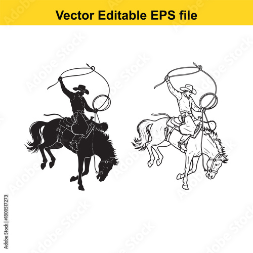 Silhouette and line art of a cowboy with a lasso on a horse, vector editable eps file isolated on