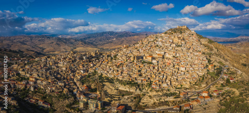Aerial panoramic view of Agira city in Sicily. August 2024. Long exposure picture.