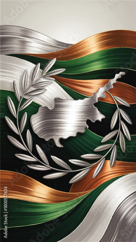 Metallic Cyprus map with silver olive branches on abstract green copper and silver waves, patriotic 3D illustration background