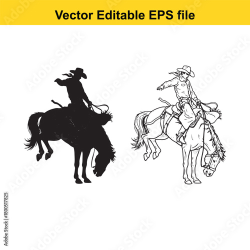 Two cowboys on bucking horses, one in silhouette and one in line art, isolated on