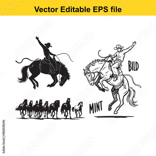 Silhouette and line art of cowboys riding bucking horses, with a herd of horses in the foreground, isolated on