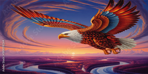 Majestic bald eagle soaring at sunrise over winding river and mountains, vibrant colorful fantasy landscape illustration