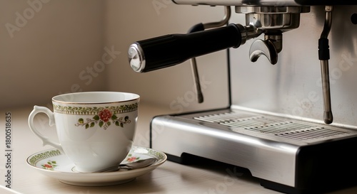 Close-up of a coffee machine with a decorative teacup and saucer placed nearby in a cozy kitchen setting