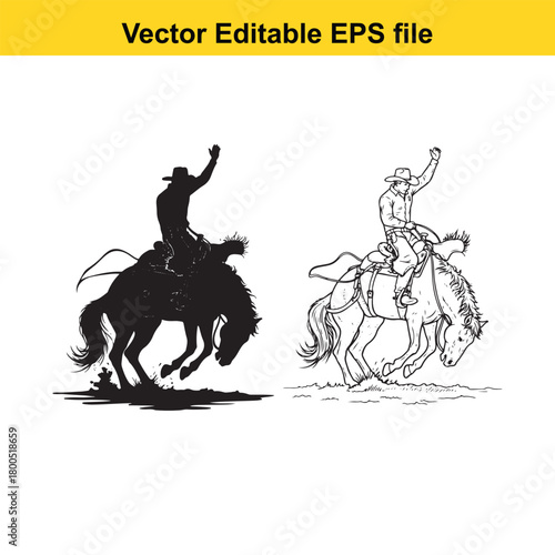 Silhouette and line art of cowboys riding bucking horses, with a herd of horses in the foreground, isolated on