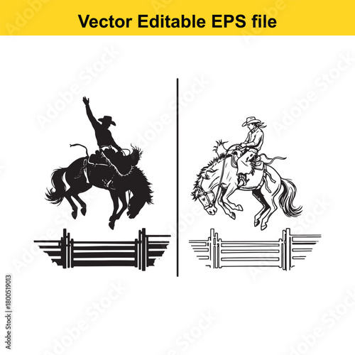 Silhouette and line art of a cowboy riding a bucking horse over a fence, isolated on