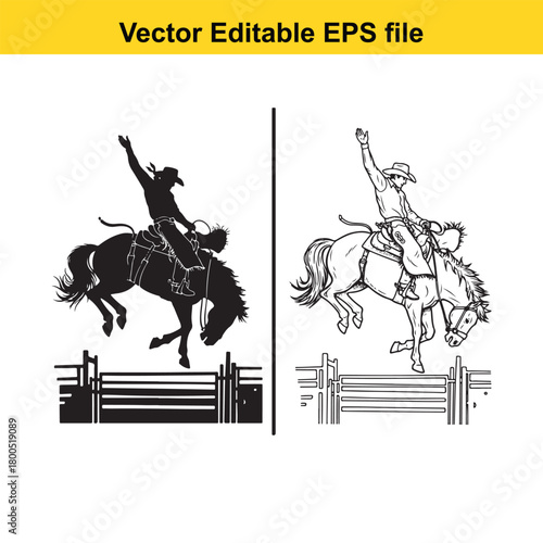 Silhouette and line art of a cowboy riding a bucking horse over a fence, isolated on