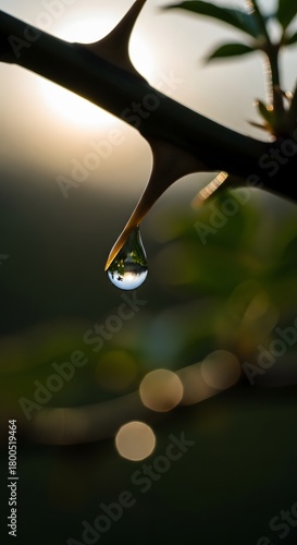 A close-up view of a plant stem with a water droplet hanging from a thorn during sunset, highlighting natural beauty and tranquility in nature