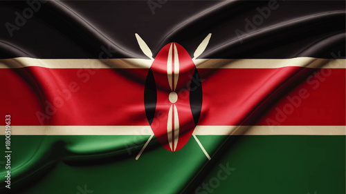 Realistic waving flag of Kenya with Maasai shield and spears, national patriotism background for travel, culture and independence themes
