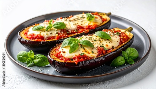 Delicious baked eggplant halves filled with tomato sauce and melted cheese on a plate