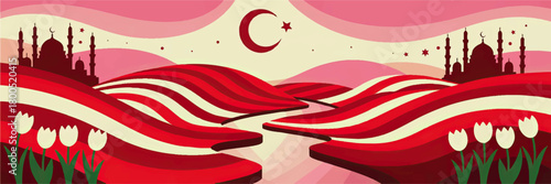 Abstract Ramadan landscape with mosques, crescent moon and tulips on red pink striped hills Islamic background banner