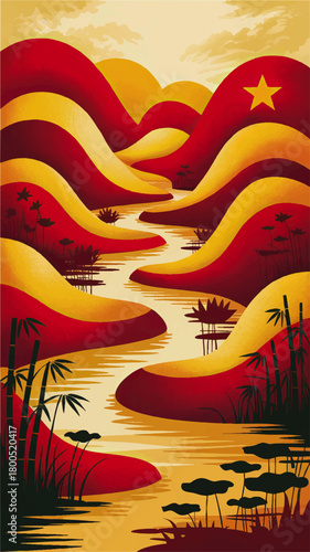 Abstract Vietnam landscape illustration with yellow red hills bamboo river lotus flowers and patriotic star at sunrise