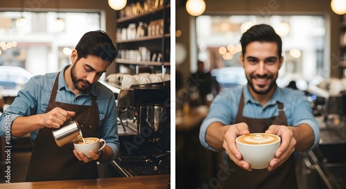 A barista preparing a cup of coffee with latte art in a cozy coffee shop environment, showcasing a friendly barista serving a hot beverage to a customer