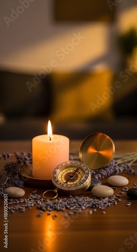 A cozy scene featuring a lit candle, a vintage compass, lavender sprigs, and smooth stones arranged on a wooden surface creating a calming atmosphere