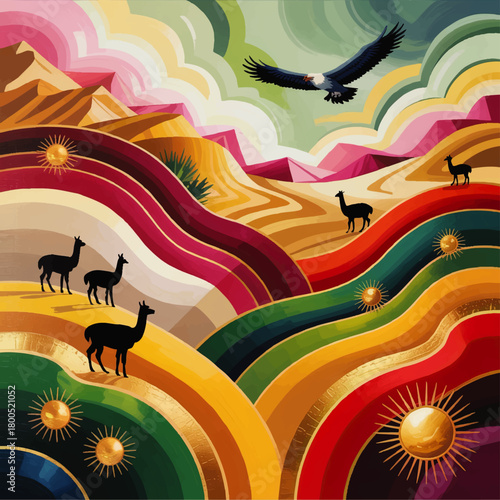 Colorful Andean landscape illustration with llamas, condor and golden suns, abstract rainbow mountains, modern South American art