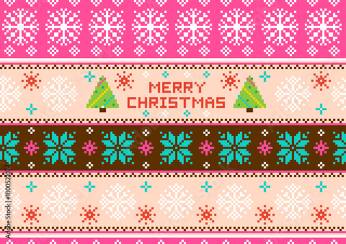 Merry Christmas Sweater Pixel Seamless Pattern. Vector Illustration of 8 Bit Game Winter Ornate Texture. Embroidered Cross-Stitch Border Background. Ugly Sweater with Snowflake