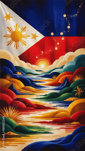 Vibrant Philippines flag landscape illustration with colorful mountains, sunrise river, tropical nature and patriotic abstract art
