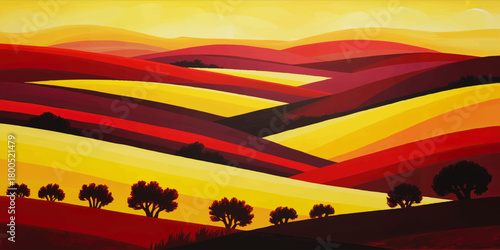 Vibrant abstract sunset hills landscape with colorful red yellow fields and tree silhouettes, modern panoramic nature illustration