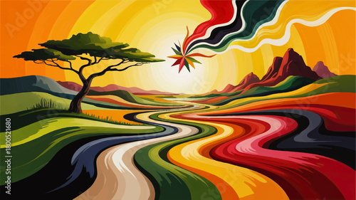Vibrant abstract African landscape with colorful winding road, acacia tree, sunrise and starburst sky in modern vector illustration