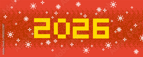 2026 New Year Pixel Website Banner. Vector Illustration of 8 Bit Game Winter Ornate Web Concept. Text Typography with Snowflakes Background.