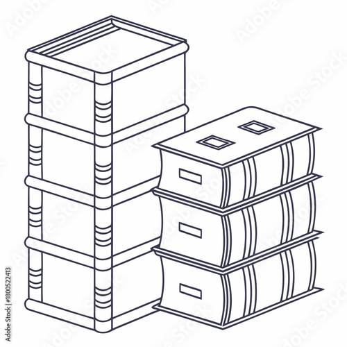 Stack of vintage books in simple outline style on white background  