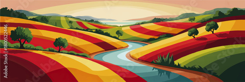 Vibrant abstract landscape with colorful rolling hills, winding river and trees at sunset, modern rural countryside illustration