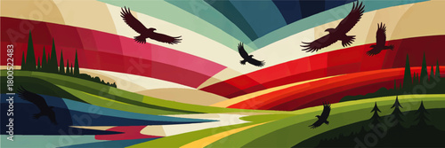Colorful abstract landscape with flying eagles over rolling hills and forest, vibrant sunrise sky, modern nature illustration banner