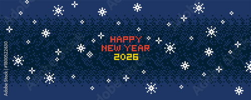 Pixel Happy New Year Banner. Vector Illustration of 8 Bit Game Winter Ornate Website Concept. 2026 Text Typography with Snowflakes Background.