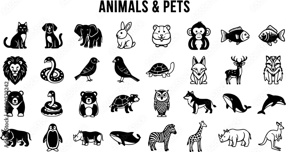 Fototapeta premium Collection of Black and White Minimalist Animal and Pet Icons: Featuring Mammals, Birds, Reptiles, and Aquatic Life for Design Projects and Educational Resources
