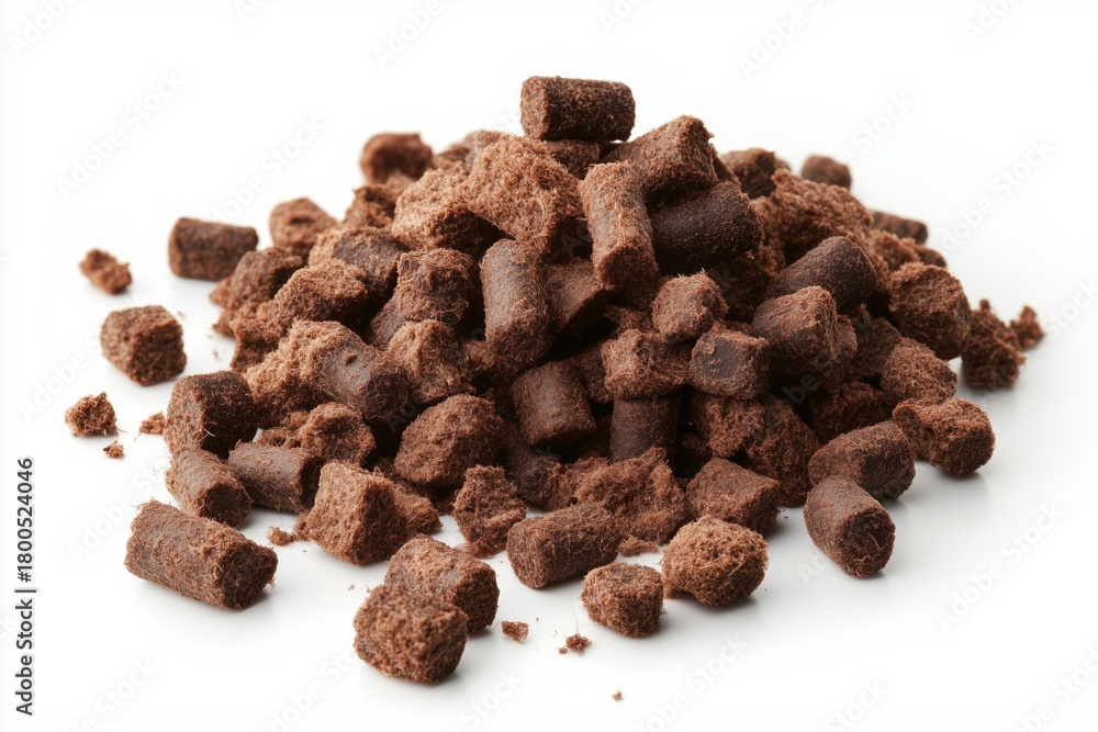 Obraz premium Pile of peat pellets in mixed cylindrical pieces isolated on a clean white background.