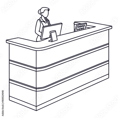 Receptionist standing behind a hotel desk with a computer and brochure  