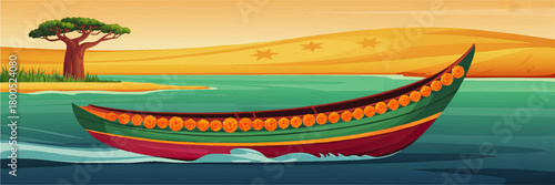 Colorful decorated boat on turquoise river with desert dunes and baobab tree at sunset, vibrant summer travel illustration