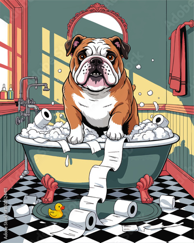 Funny English bulldog in vintage bathtub with toilet paper chaos, playful cartoon dog illustration for bathroom decor and pet humor