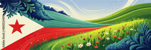 Colorful spring meadow landscape with flag star motif, rolling green hills, wildflowers and blue sky vector illustration