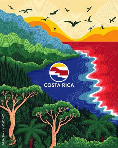 Colorful Costa Rica Travel Poster Illustration with Tropical Jungle Mountains Ocean Sunset Birds and Waves Tourism Art