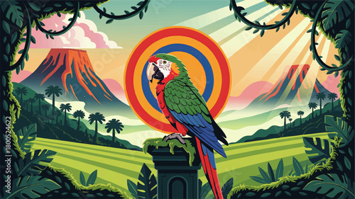 Colorful tropical parrot illustration in lush jungle landscape with volcano mountains, sunshine rays and retro concentric circle backdrop