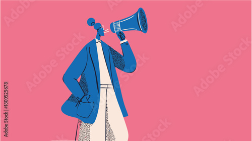 Abstract business person using a megaphone on pink background symbolising communication and leadership