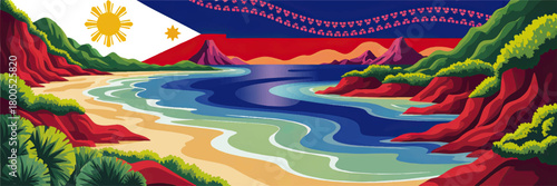 Vibrant Philippines beach landscape illustration with tropical cliffs, ocean waves, sunset mountains and stylized national flag banner