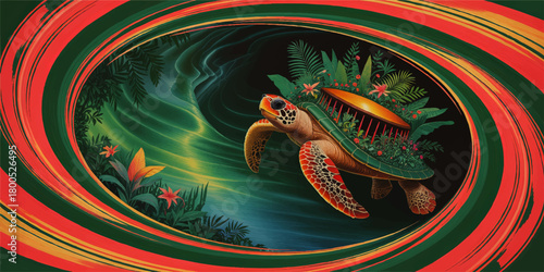 Surreal sea turtle illustration with tropical jungle garden shell and vibrant abstract neon waves, fantasy ocean nature artwork