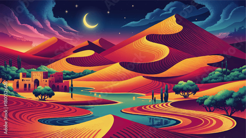 Colorful desert night landscape with crescent moon, abstract sand dunes, oasis river and village, vibrant fantasy illustration art