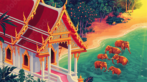 Colorful Thai temple by tropical beach with herd of elephants bathing in turquoise sea at sunset, vibrant exotic travel illustration