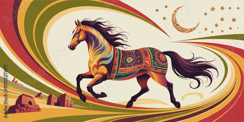 Colorful Arabian horse illustration with ornate saddle galloping in desert night, crescent moon, stars and flowing abstract waves