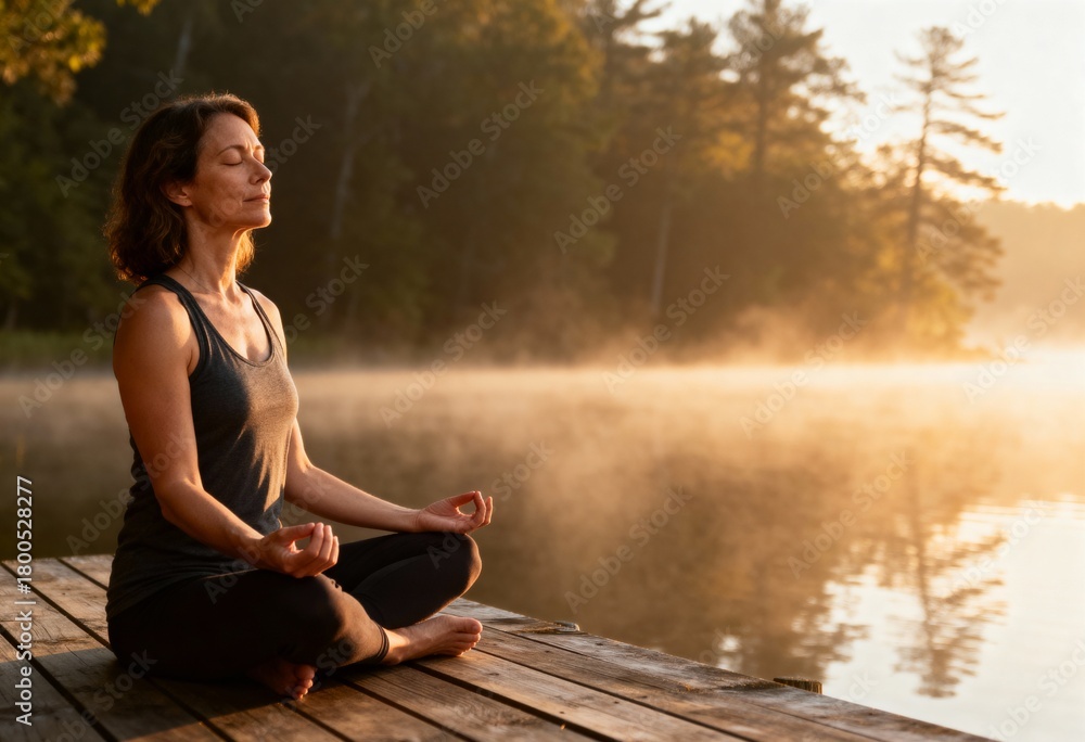 Fototapeta premium Peaceful Woman Meditating at Sunrise - For wellness and mindfulness content