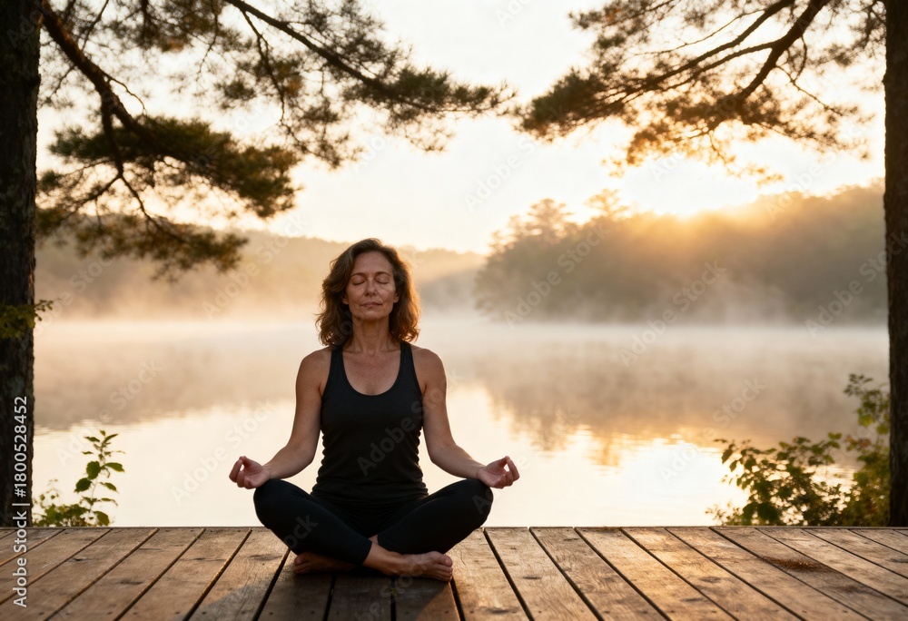 Fototapeta premium Peaceful Woman Meditating at Sunrise - For wellness and mindfulness content