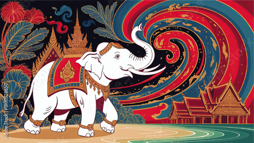 Majestic white elephant with Thai temple and colorful swirl sky, traditional Asian art illustration on dark background