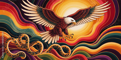 Majestic bald eagle and serpent in vibrant sunset abstract waves, colorful tribal tattoo style wildlife illustration